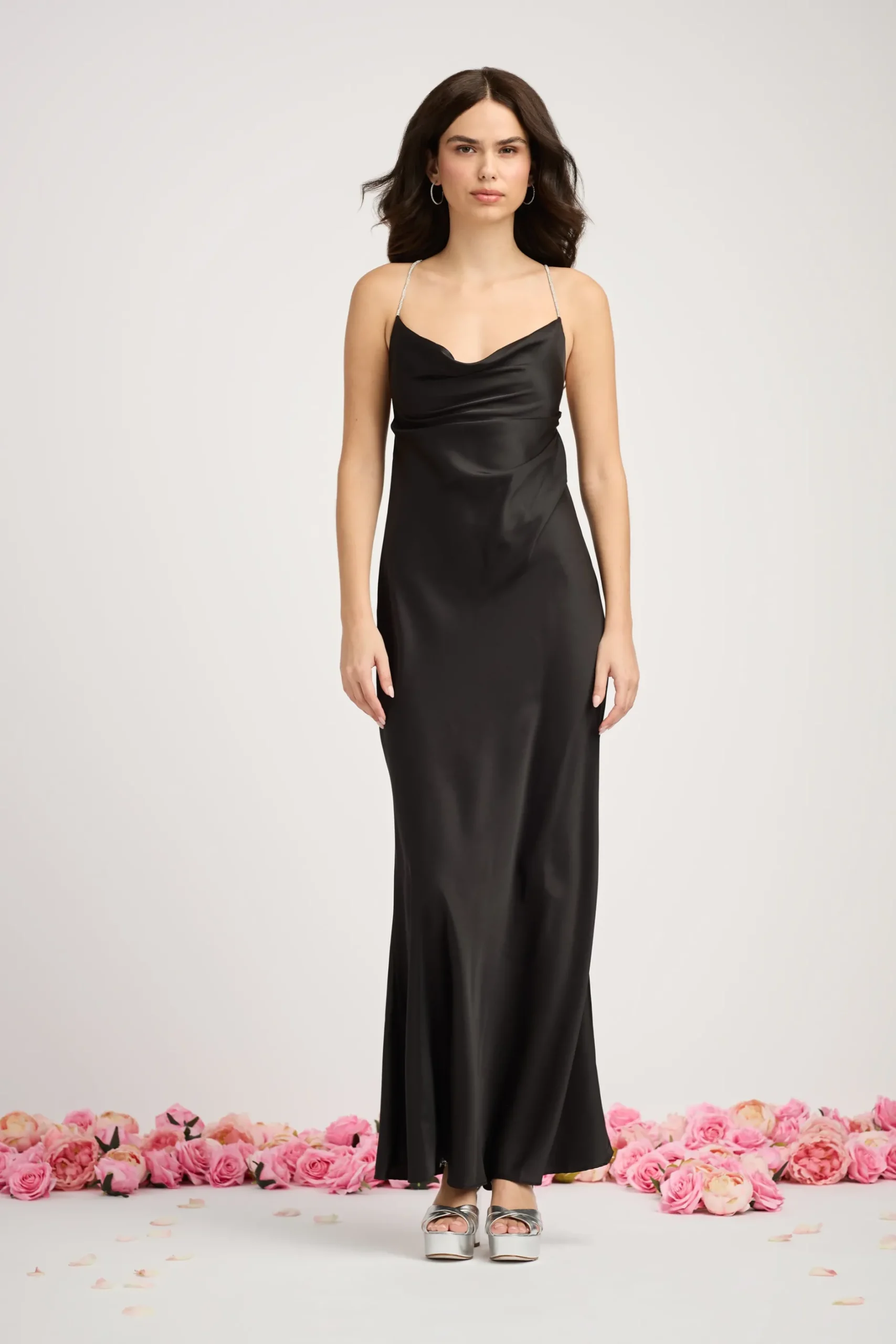 Luxxel Pamela Rhinestone Strap Maxi Slip Dress Black Sale