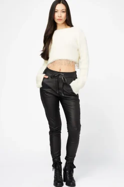 Blanc Paris Fuzzy Rhinestone Fringe Sweater Cream New
