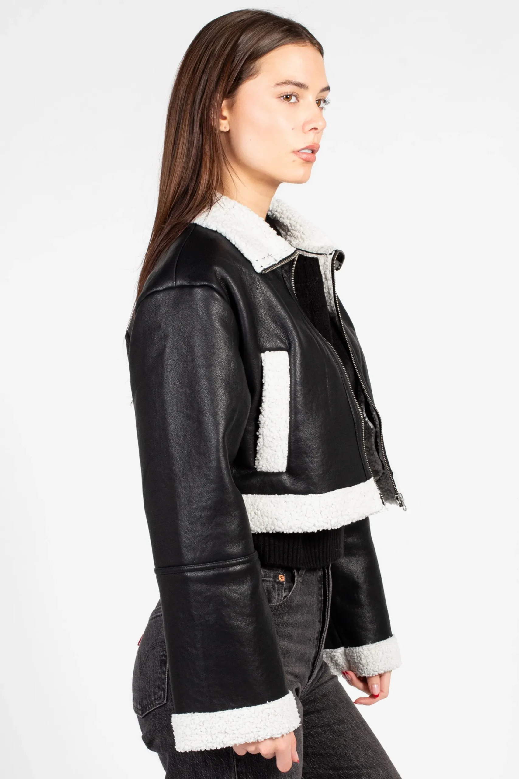 Love Tree Peggi Sherpa Trim Vegan Leather Jacket Black Online