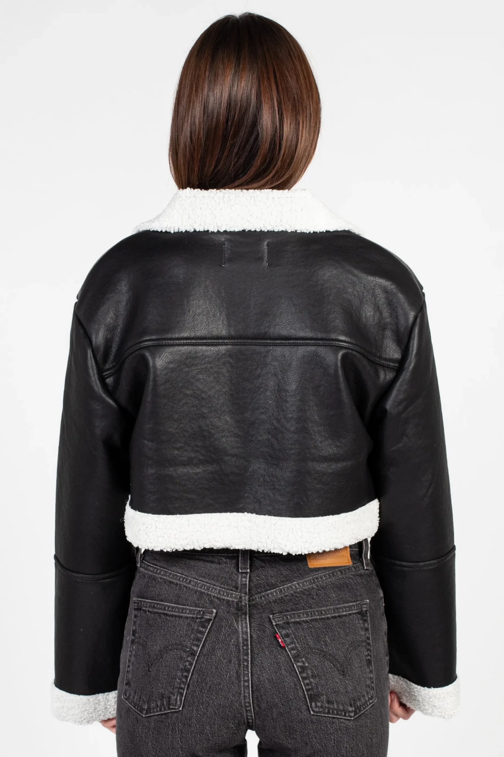 Love Tree Peggi Sherpa Trim Vegan Leather Jacket Black Online