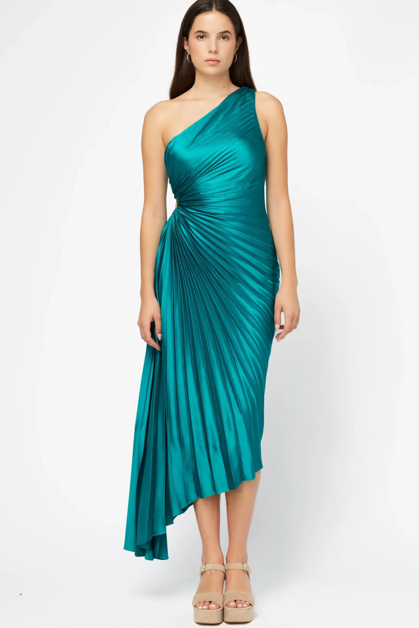 Dress Forum Reagan One Shoulder Pleated Hi Lo Maxi Dress HunterGreen Clearance