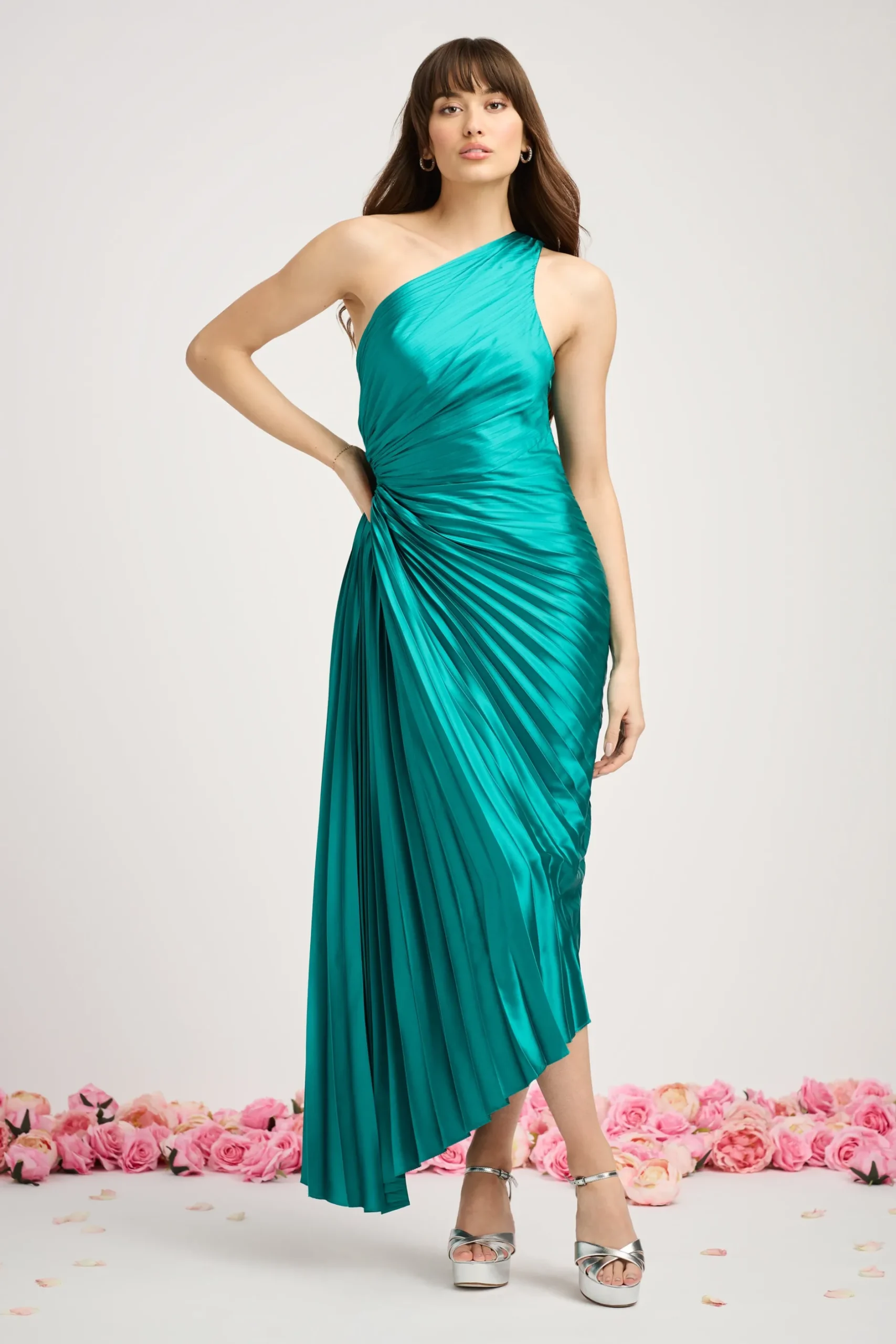 Dress Forum Reagan One Shoulder Pleated Hi Lo Maxi Dress HunterGreen Clearance