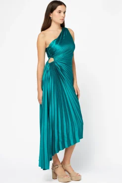 Dress Forum Reagan One Shoulder Pleated Hi Lo Maxi Dress HunterGreen Clearance