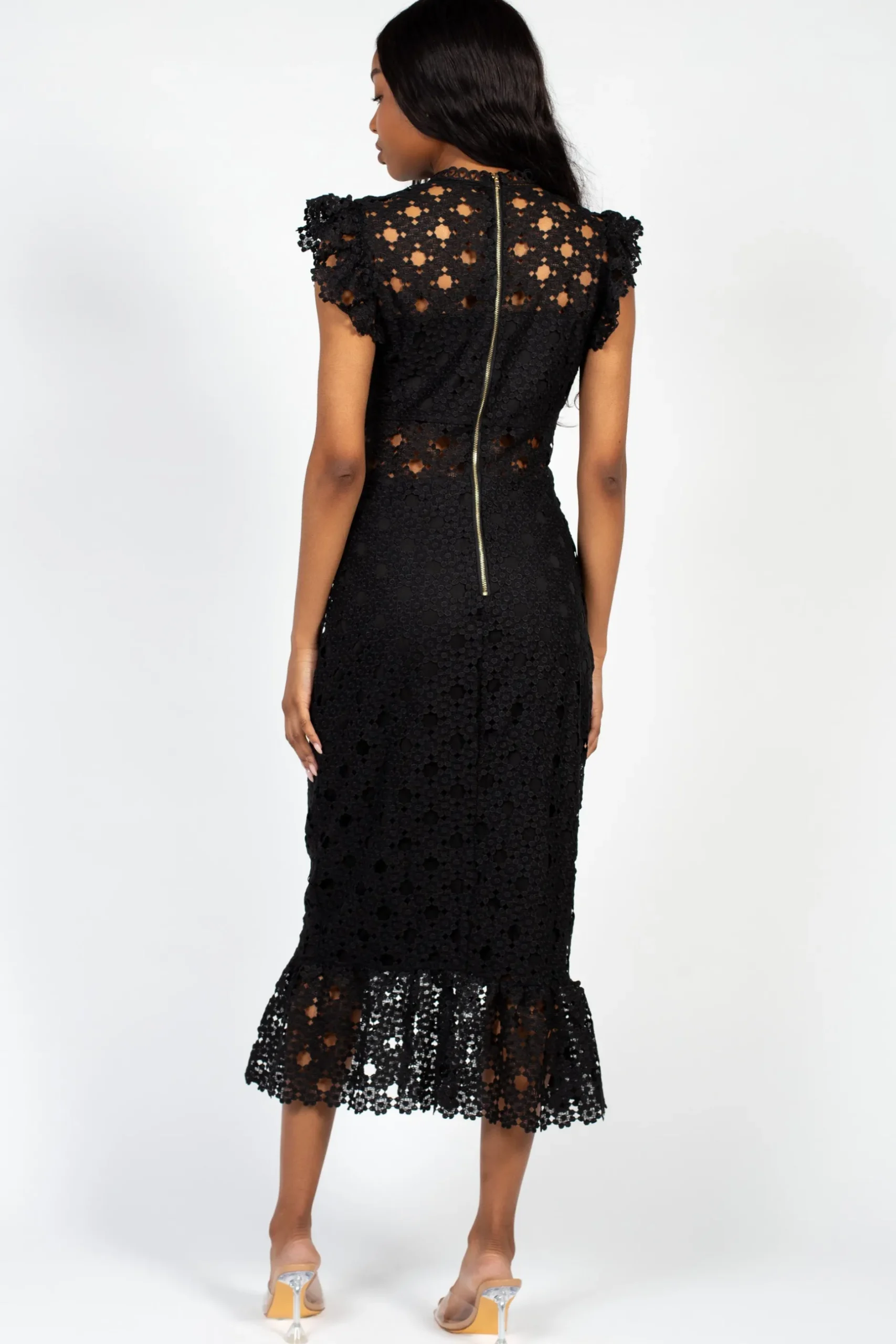 Chelsea Samantha Lace Trumpet Bottom Midi Dress Black Clearance
