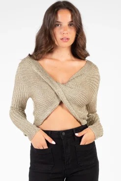 Chelsea Taylor Twist Front Metallic Knit Sweater Gold Hot