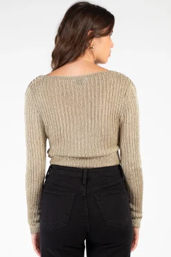 Chelsea Taylor Twist Front Metallic Knit Sweater Gold Hot