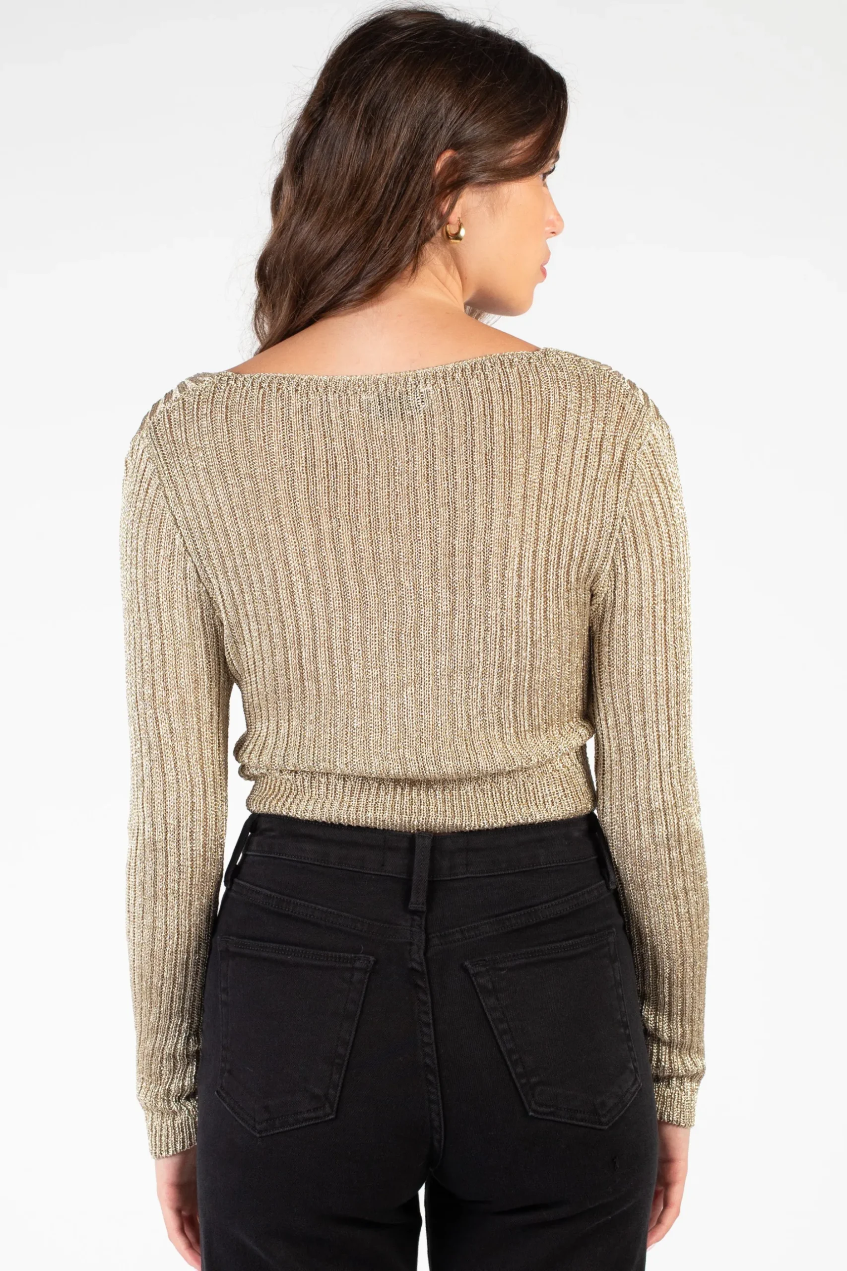 Chelsea Taylor Twist Front Metallic Knit Sweater Gold Hot