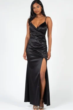 Chelsea Thea High Slit Satin Maxi Gown Clearance