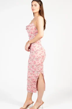 Klesis Whitney Floral Ruched Mesh Midi Dress PinkBlush Discount