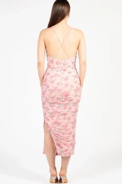 Klesis Whitney Floral Ruched Mesh Midi Dress PinkBlush Discount