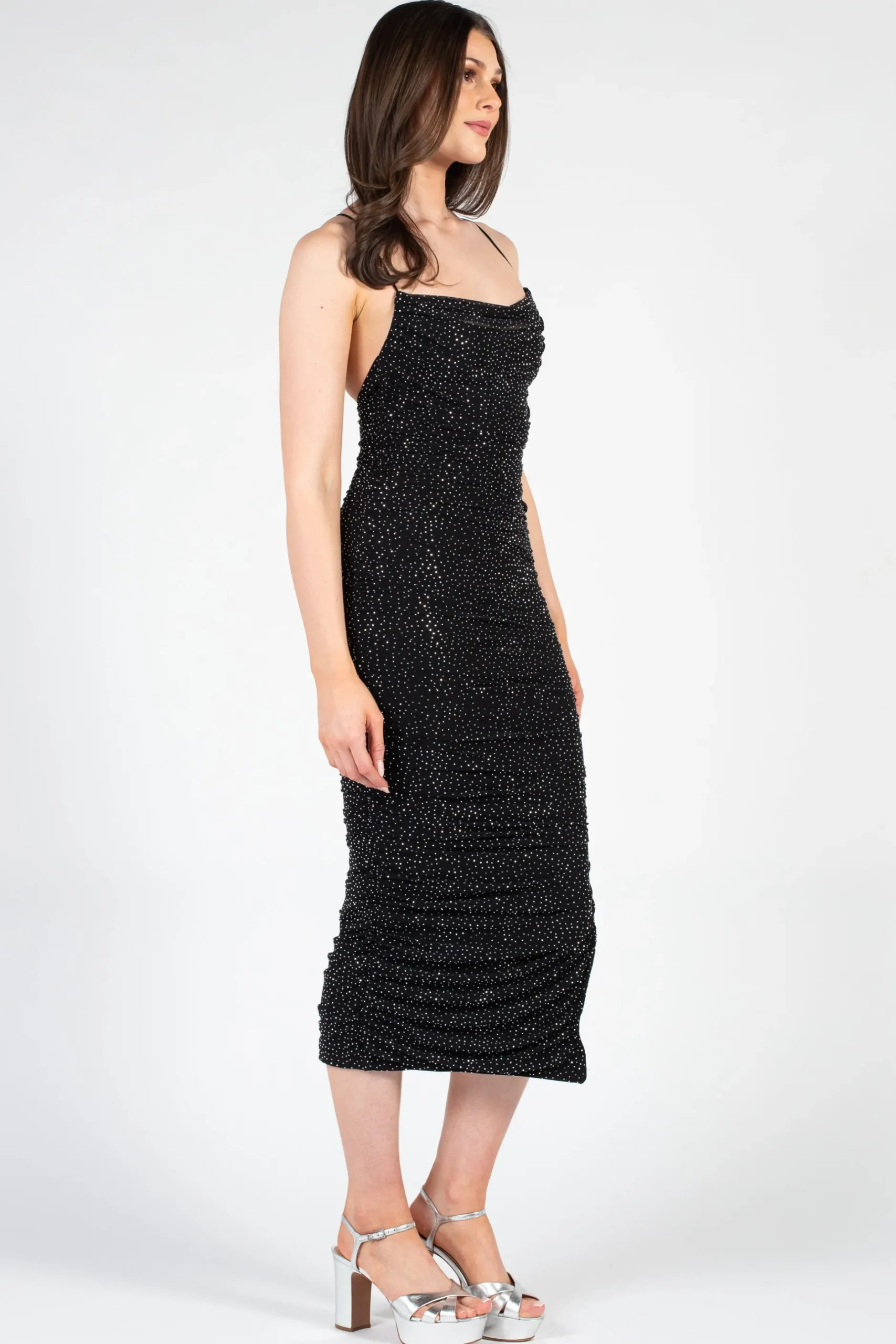 Klesis Whitney Rhinestone Ruched Mesh Midi Dress Online