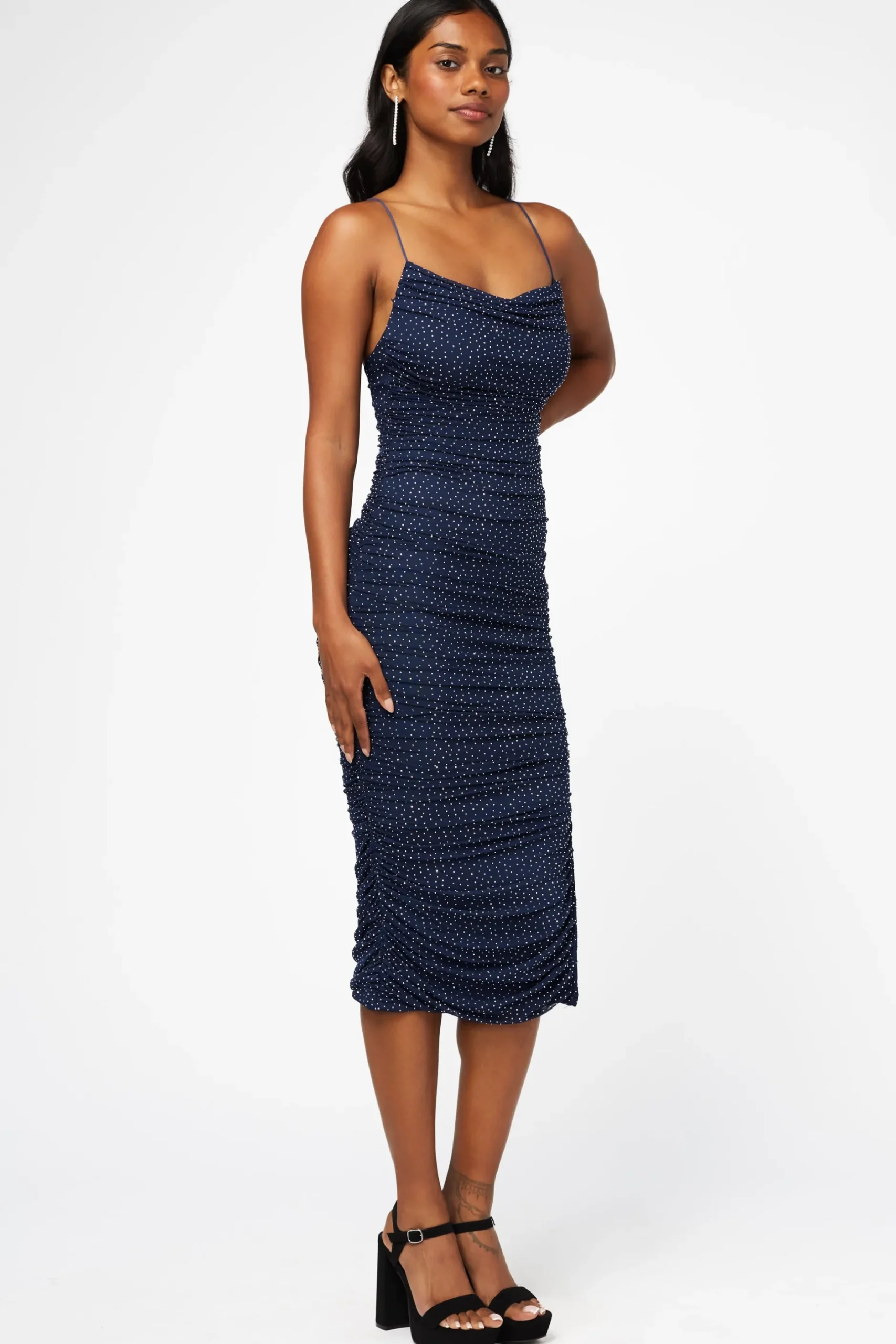 Klesis Whitney Rhinestone Ruched Mesh Midi Dress Online