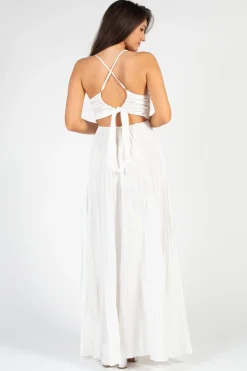 Luxxel Zephrya Tie Back Satin Pleated Gown White Discount